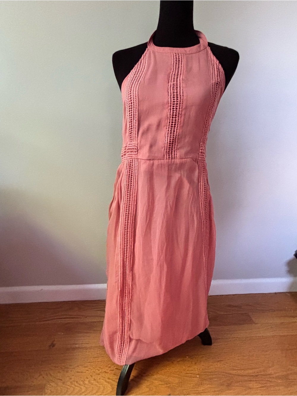 Roxy Coral Pink Halter Midi Dress with Crochet Panels